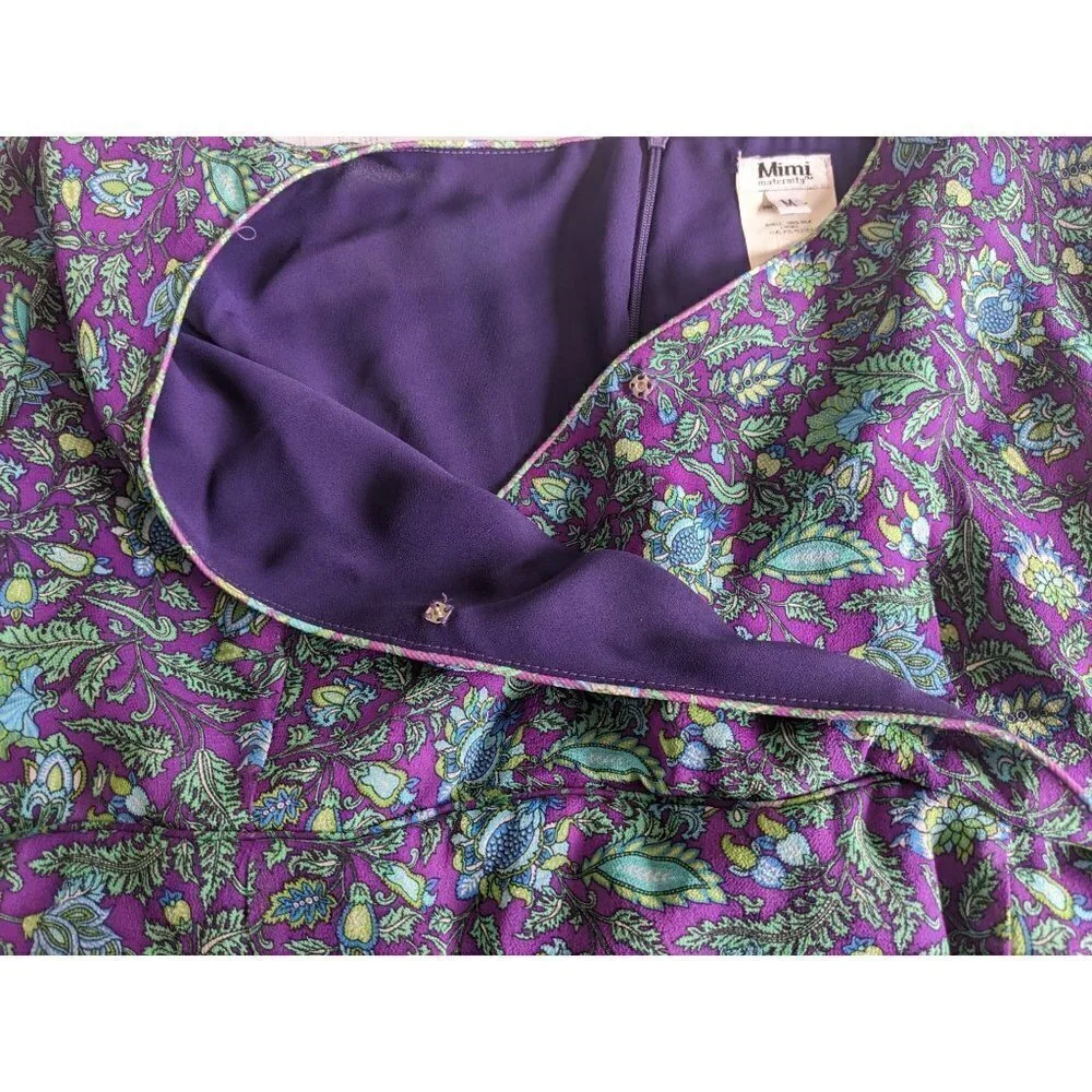 NWT Vintage Y2K MIMI MATERNITY 100% Silk Paisley Purple Green Maxi Dress Size M